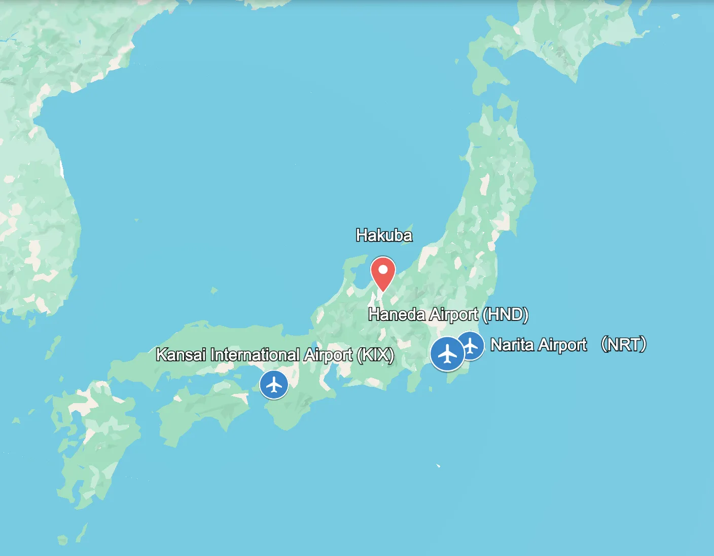 Map showing Hakuba location relative to Tokyo, Narita, Haneda, and Kansai airports