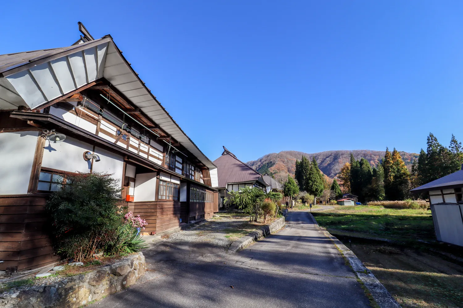 Aoni Village thatched-roof houses and terraced rice fields in autumn