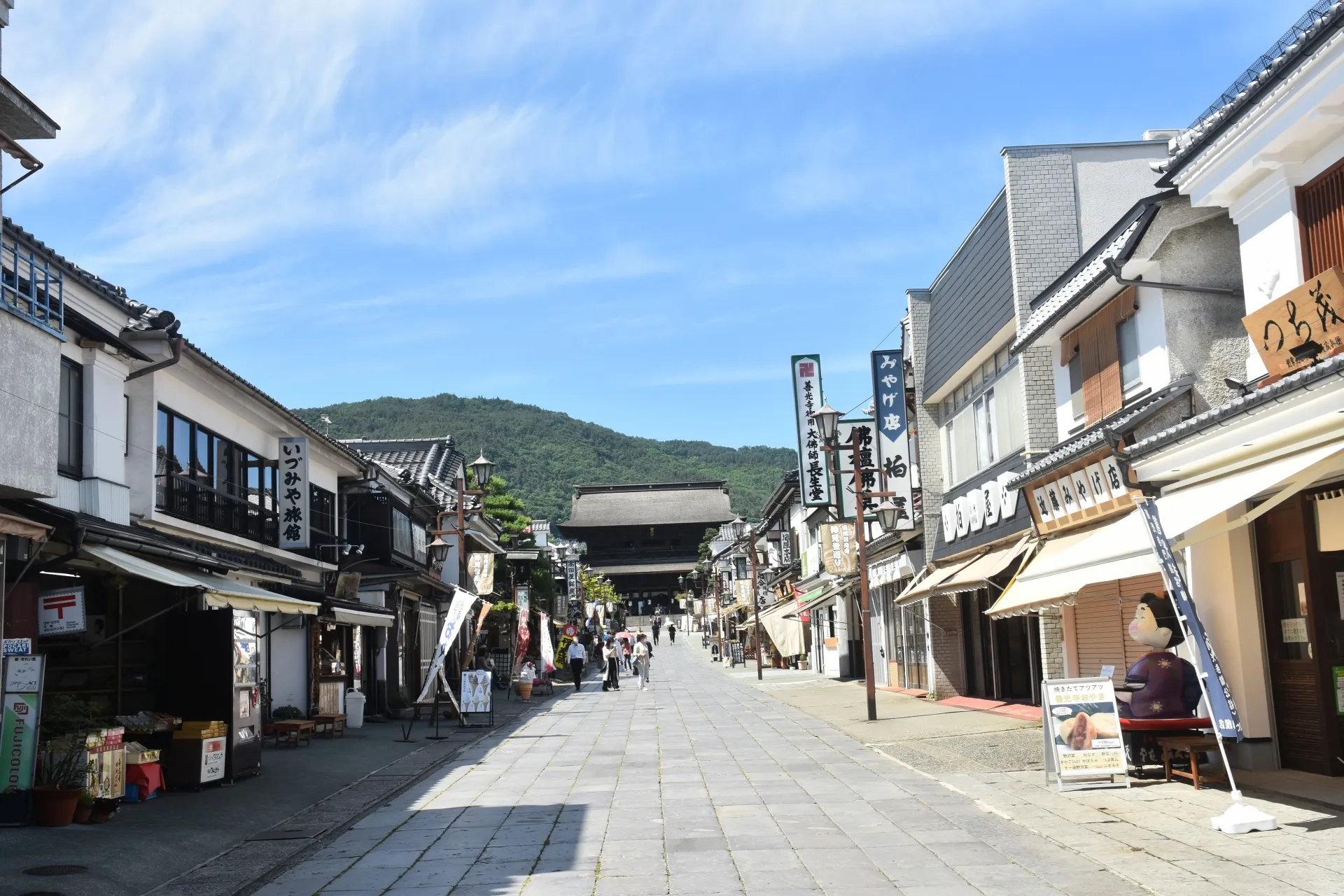 Nakamise Street leading to Zenkoji Temple — traditional shops and street food